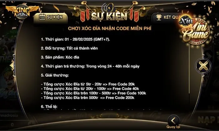 Khuyến mãi: Thưởng giftcode xóc đĩa mỗi ngày Chi tiết khuyến mãi: Thưởng giftcode xóc đĩa mỗi ngày